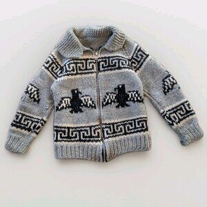 Vintage Cowichan Sweater Wool Zip Thunderbird Bird Women’s M Hand Knit Handmade
